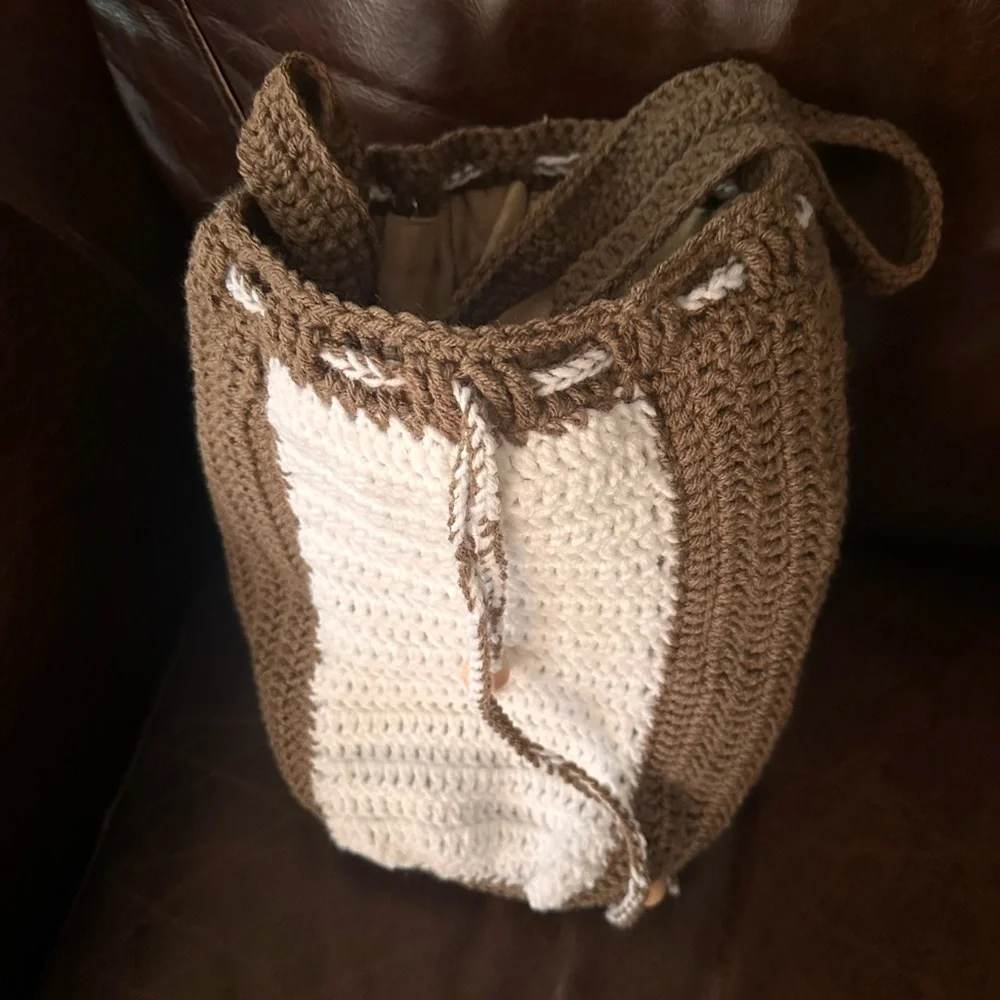 Handcrafted bohemian style hobo hand knit crochet bucket handbag tote purse